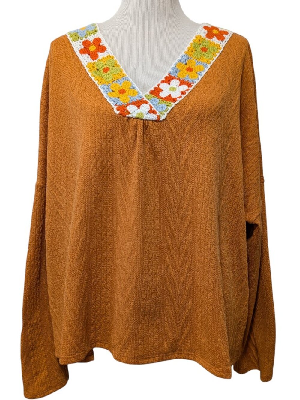 Three Bird Nest Womens Size XL Midday Orange Rust Floral Crochet Relaxed Sweater
